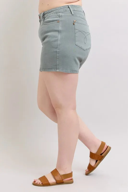 Judy Blue Full Size Hw Garment Dyed Back Pkt Embroidery Shorts Plus Size