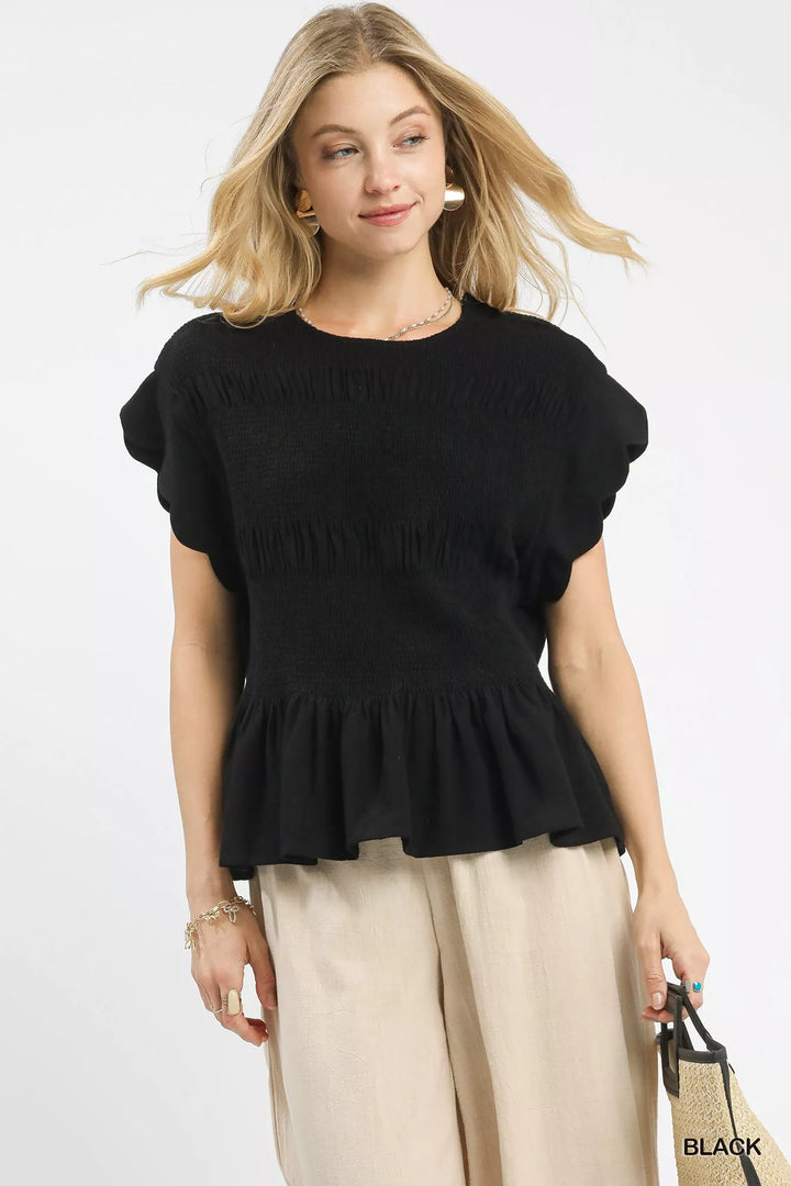 Black Umgee Linen Blend Smocked Peplum Blouse