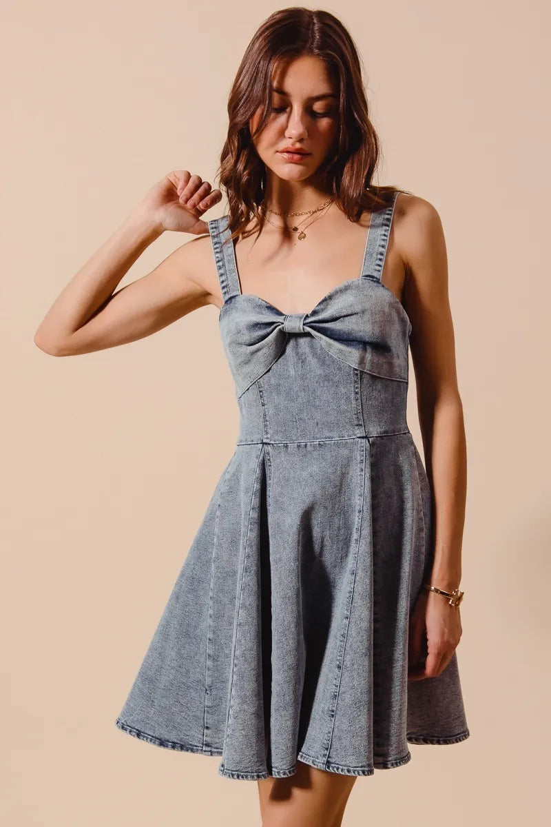 Denim So Me Mineral Washed Bow Ribbon Denim Flare Dress