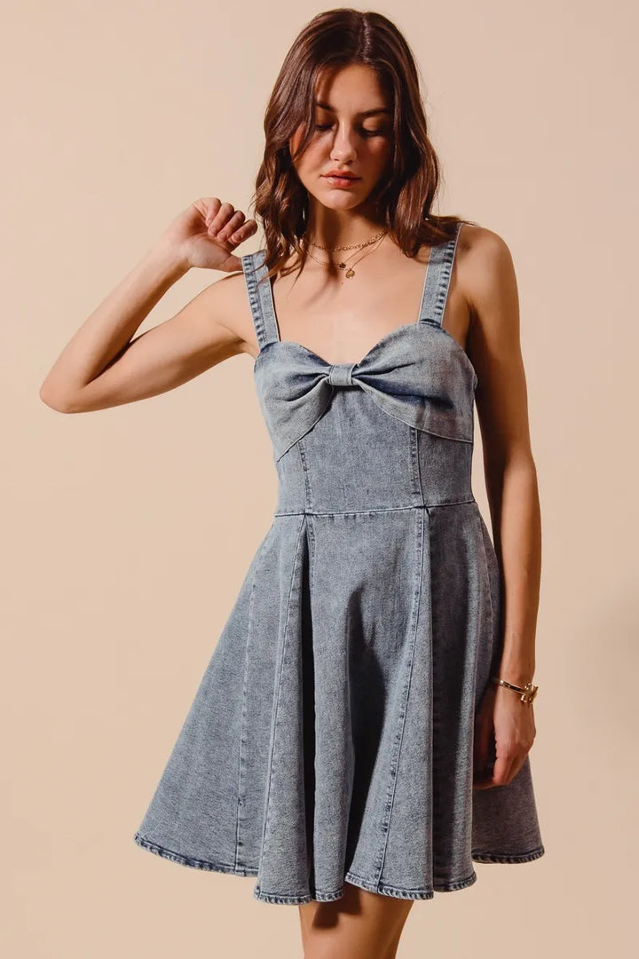 Denim So Me Mineral Washed Bow Ribbon Denim Flare Dress