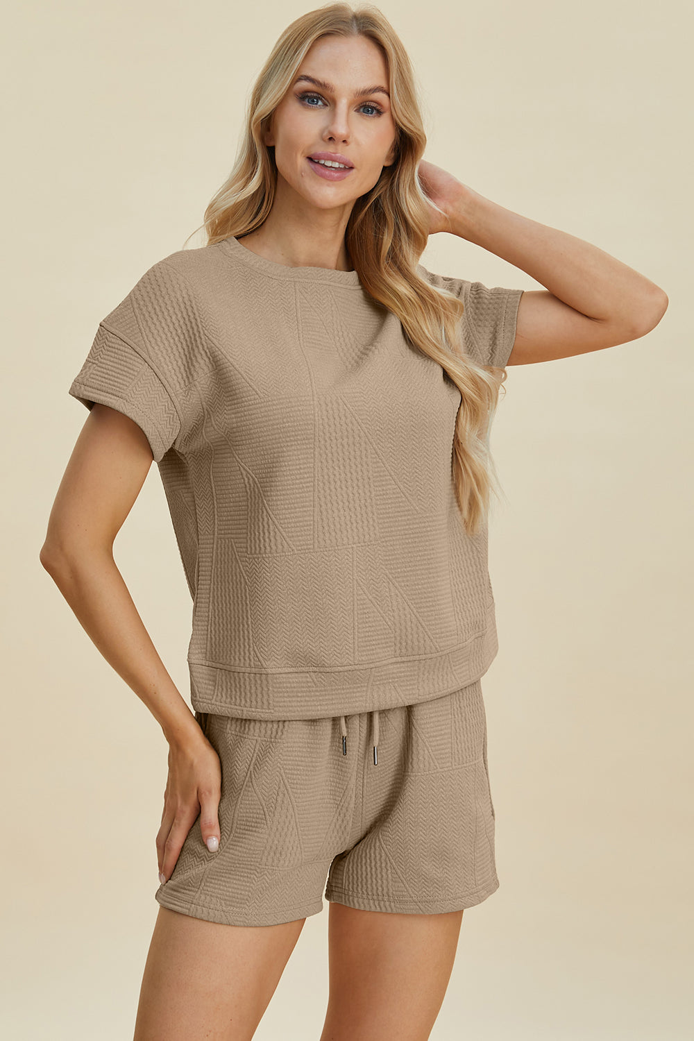 Gray Double Take Full Size Texture Short Sleeve Top And Shorts Set