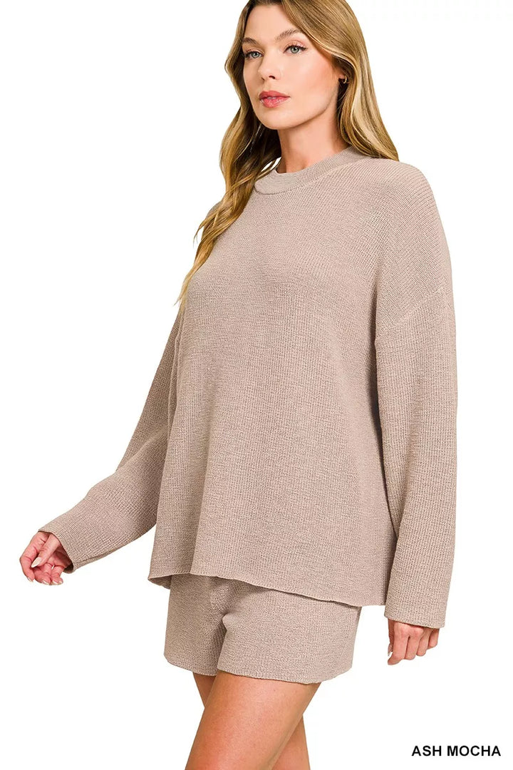 Ash Mocha Zenana Round Neck Knit Top And Shorts Sweater Set 3