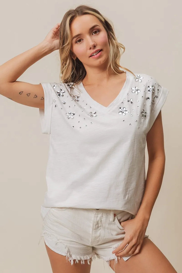 Bibi Slub Jersey Rhinestone V Neck Top