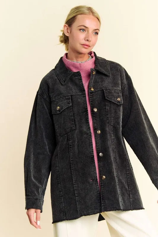 Davi Dani Washed Corduroy Raw Hem Button Up Jacket