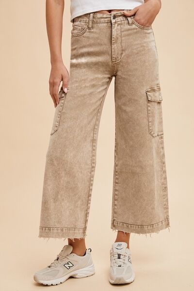 Camel Annie Wear Raw Hem Wide Leg Jeans With Cargo Pockets