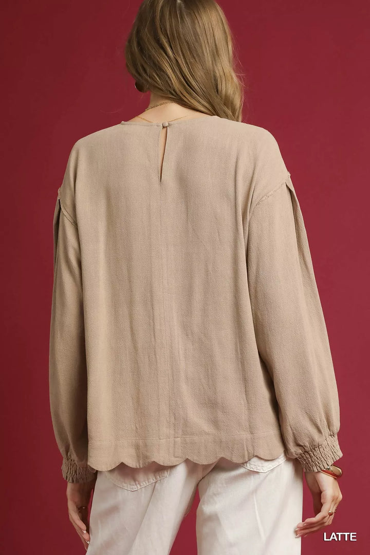 Latte Umgee Linen Scallop Hem Long Sleeve Blouse