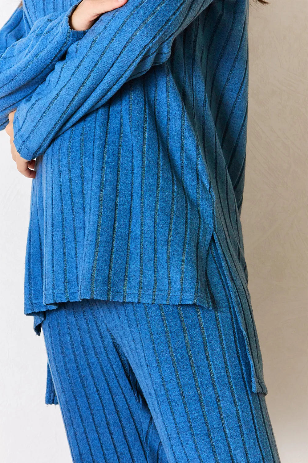 Turquoise Basic Bae Full Size Ribbed Round Neck High Low Slit Top And Pants Set