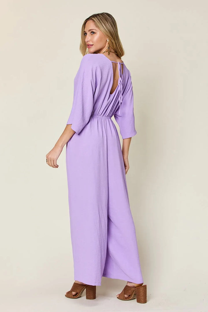 Hot Pink Double Take Full Size Surplice Wide Leg Jumpsuit With Pockets