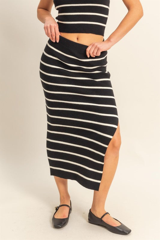Black Hyfve Side Slit Striped Bodycon Sweater Skirt