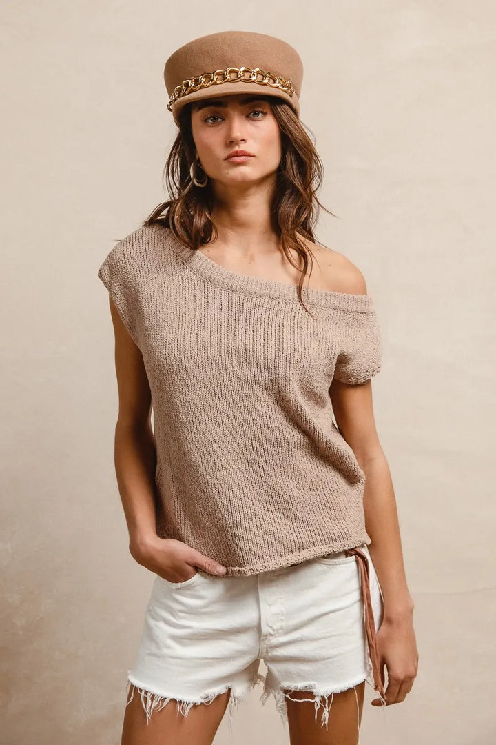 Latte Bibi One Side Off Shoulder Knit Top