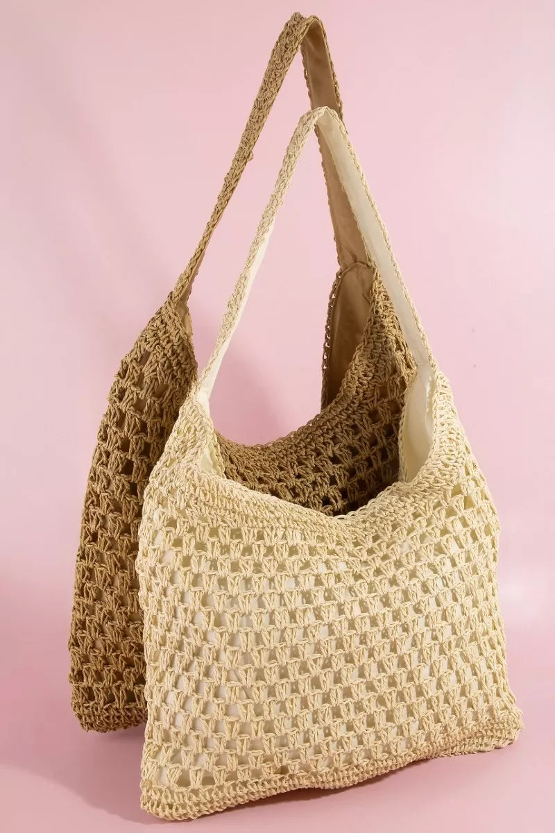 Ka Fame Intricate Straw Weave Large Shoulder Bag