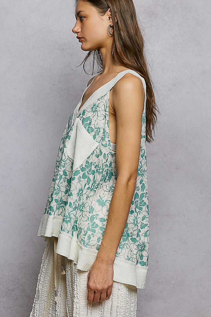 Teal Multi Pol Floral V Neck Tank With Front Pocket 1