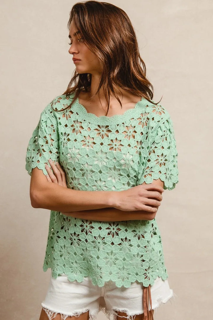 Lt Green Bibi Openwork Crochet Short Sleeve Knit Top