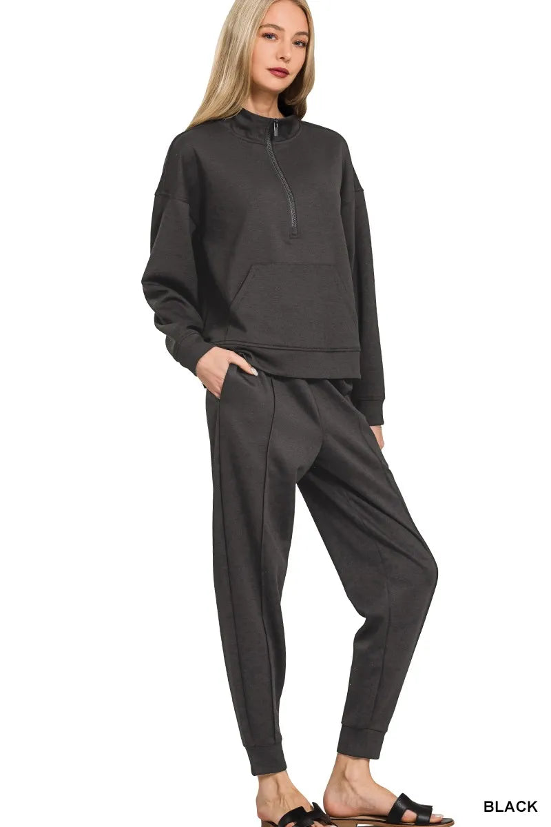 Black Zenana Scuba Half Zip Sweatshirt And Joggers Set