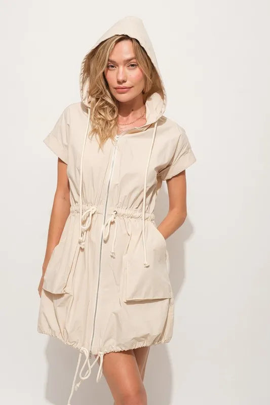 Almond And The Why Short Sleeve String Details Hooded Mini Dress
