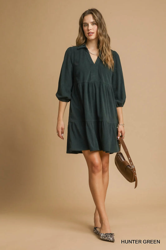 Hunter Green Umgee Tiered Johnny Collar Balloon Sleeve Dress