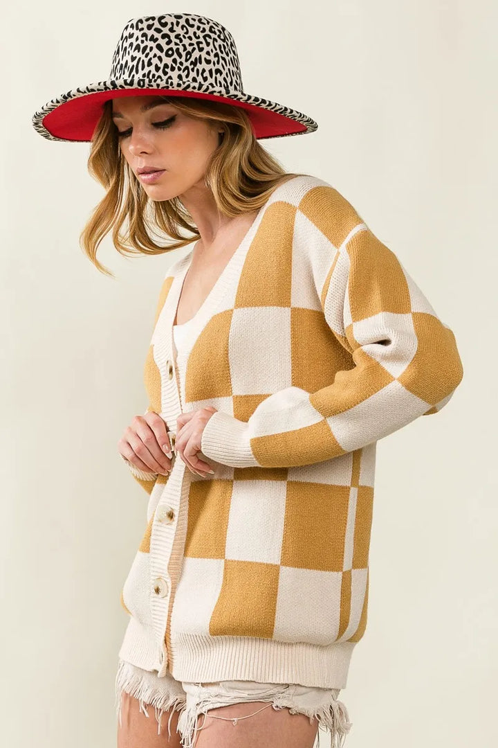 Bibi Checked V Neck Cardigan