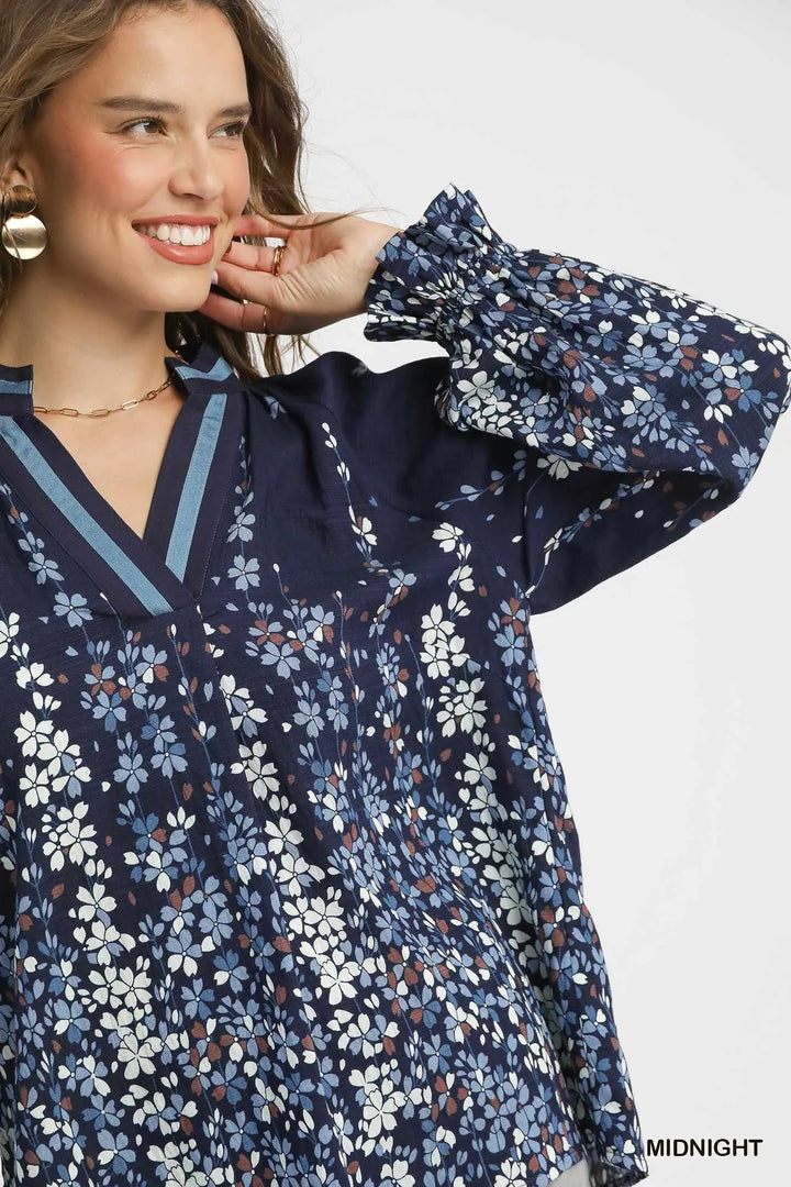 Midnight Umgee Full Size Floral Vine Print Blouse With Balloon Sleeves Plus Size 1