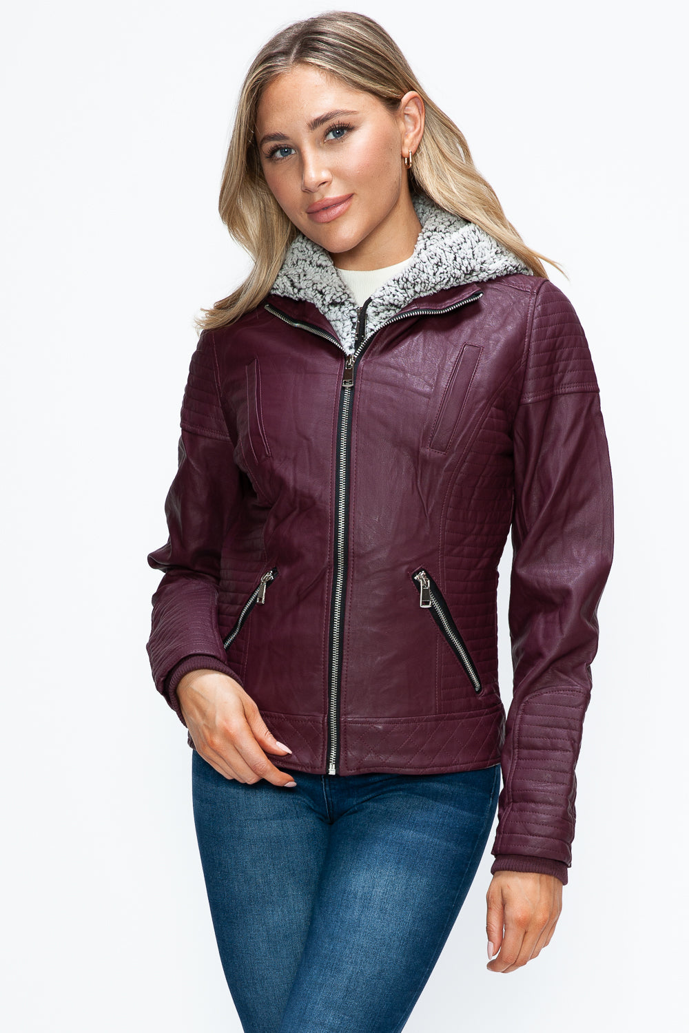 Wine Ymi Faux Layered Double Zipper Jacket With Fuzzy Hood 1
