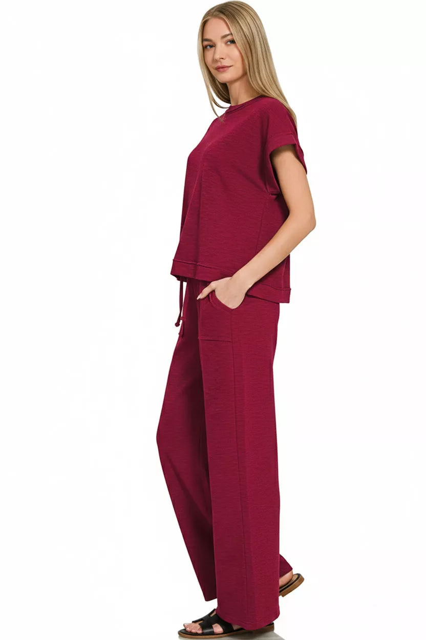 Cabernet Zenana Cotton Slub Short Sleeve Tee And Pants Set 3