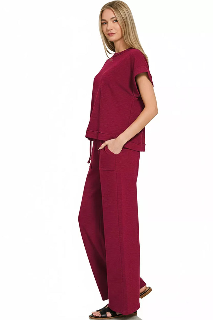 Cabernet Zenana Cotton Slub Short Sleeve Tee And Pants Set 3