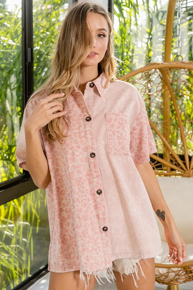 Dusty Pink Bibi Mineral Washed Leopard Print Short Sleeve Shirt