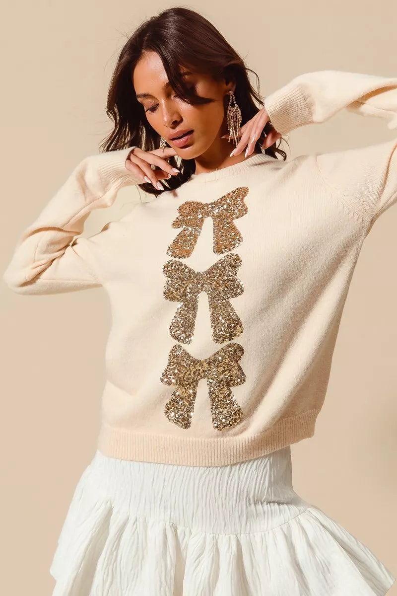 Cream/Gold So Me Sequins Bow Ribbon Embellished Christmas Sweater