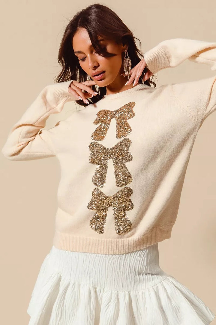 Cream/Gold So Me Sequins Bow Ribbon Embellished Christmas Sweater