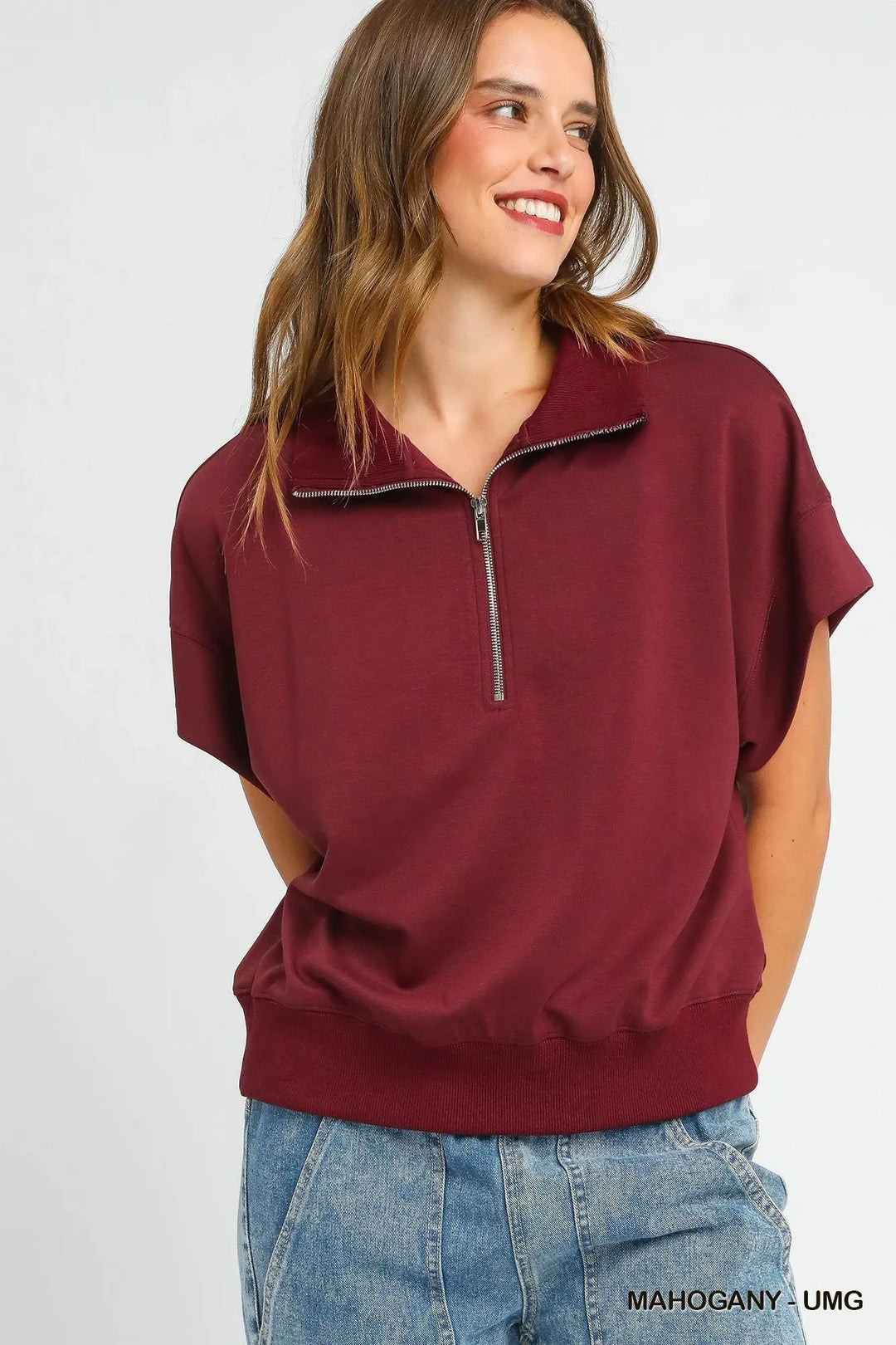 Mahogany Umgee Full Size Half Zip Short Sleeve Top Plus Size