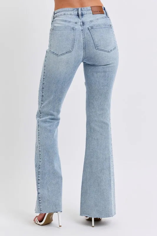 Lt Judy Blue Full Size Mid Rise Rhinestone Side Panel Detail Flare Jeans Plus Size
