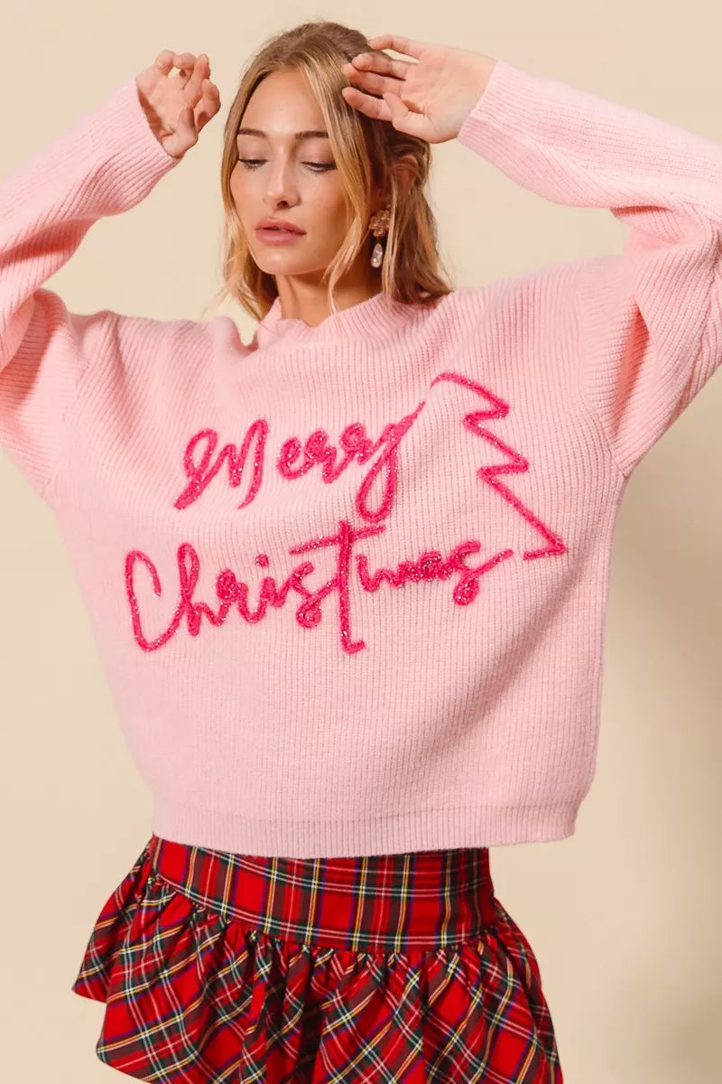 Blush/Pink So Me Merry Christmas Tinsel Lettering Sweater