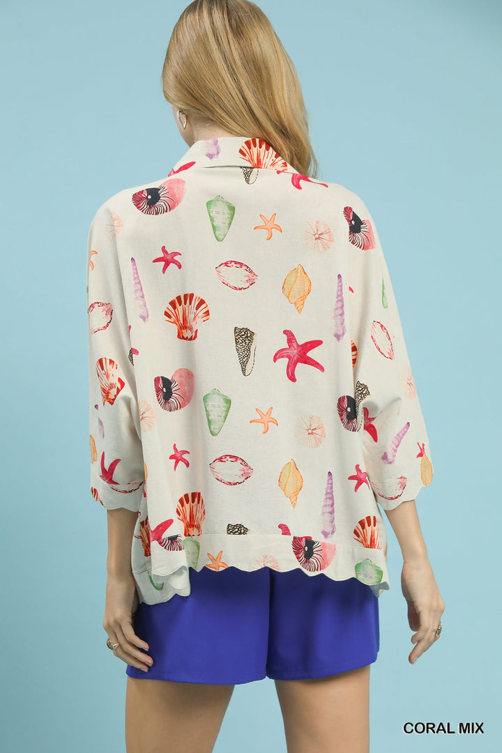 Coral Mix Umgee Seashell Starfish Print Button Down Top