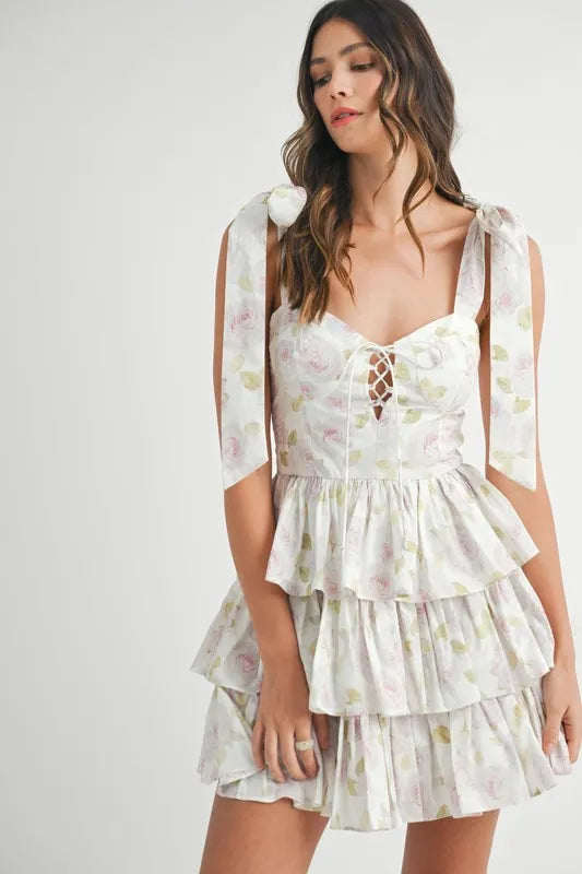 Off White Mable Floral Print Shoulder Tie Layered Mini Dress