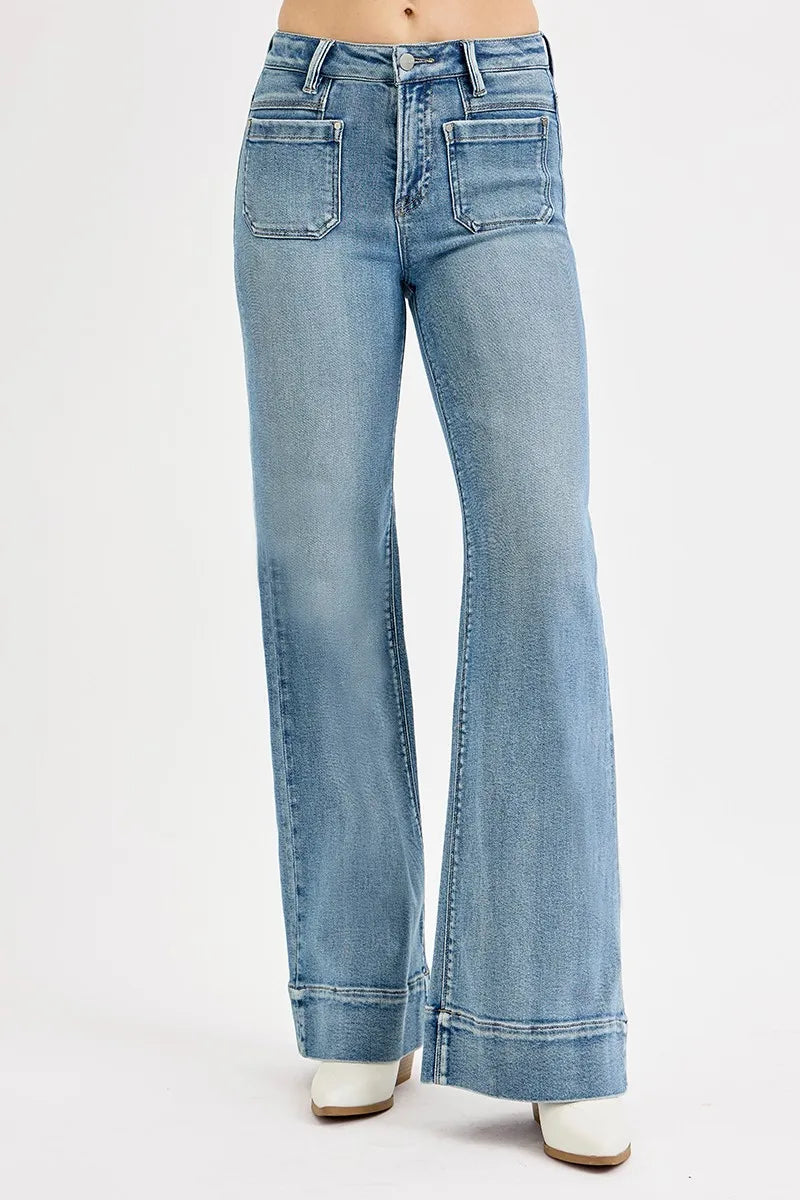 Medium Risen Full Size High Rise Wide Flare Patch Pocket Jeans Plus Size