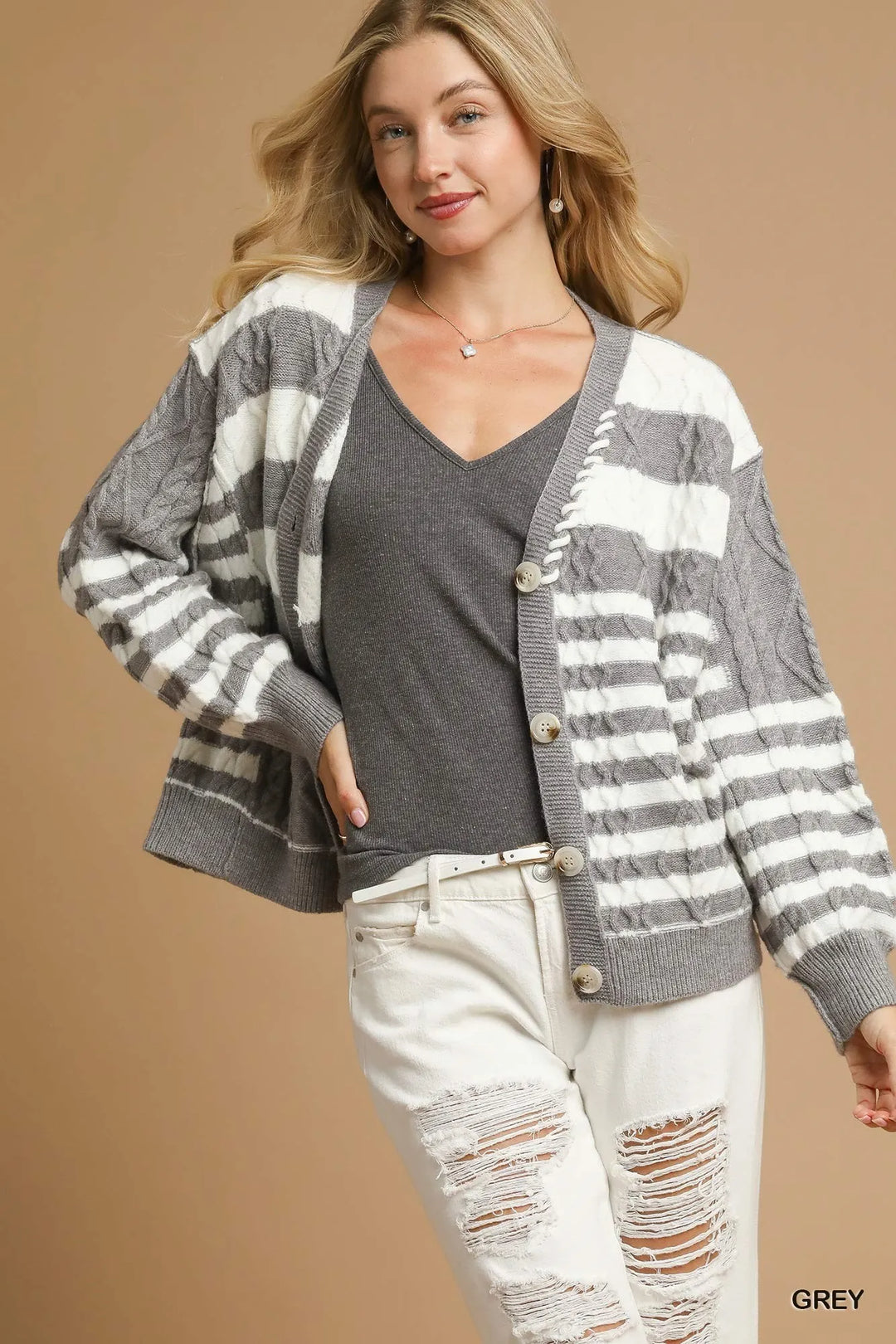 Grey Umgee Cable Knit Stripe Button Up Cardigan