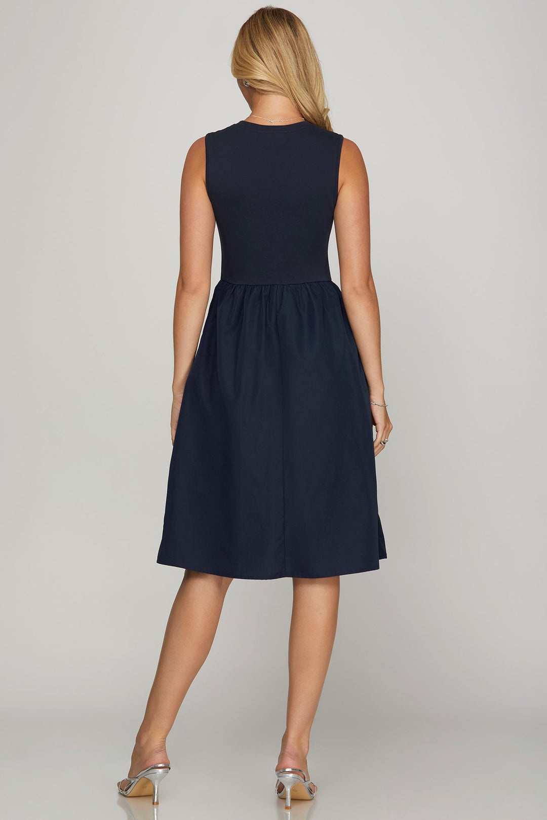 Dark Navy She Sky Full Size Sleeveless Poplin Woven Midi Dress With Pockets Plus Size