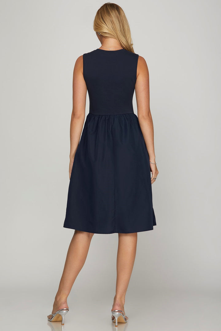 Dark Navy She Sky Full Size Sleeveless Poplin Woven Midi Dress With Pockets Plus Size
