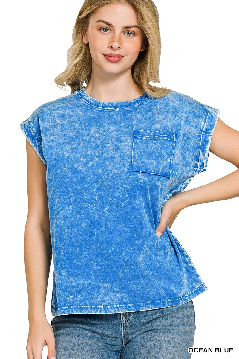 Ocean Blue Zenana Full Size Crinkle Washed Round Neck Folded Short Sleeve Tee Plus Size 1