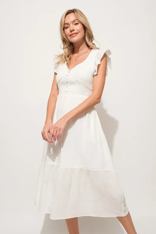 Off White And The Why Ruffle Sleeve Front Smocked Tiered Midi Dress