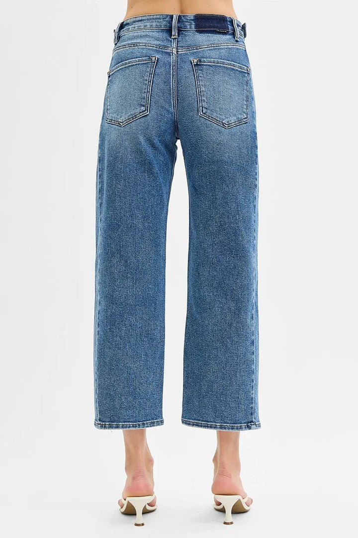 Dark Risen High Rise Crop Length Barrel Adjustable Waist Band Jeans