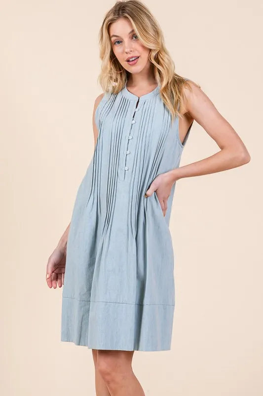 Lime N Chili Denim Pintuck Detail Sleeveless Midi Dress