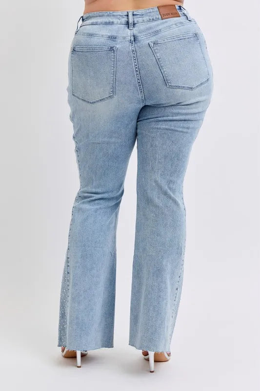 Lt Judy Blue Full Size Mid Rise Rhinestone Side Panel Detail Flare Jeans Plus Size