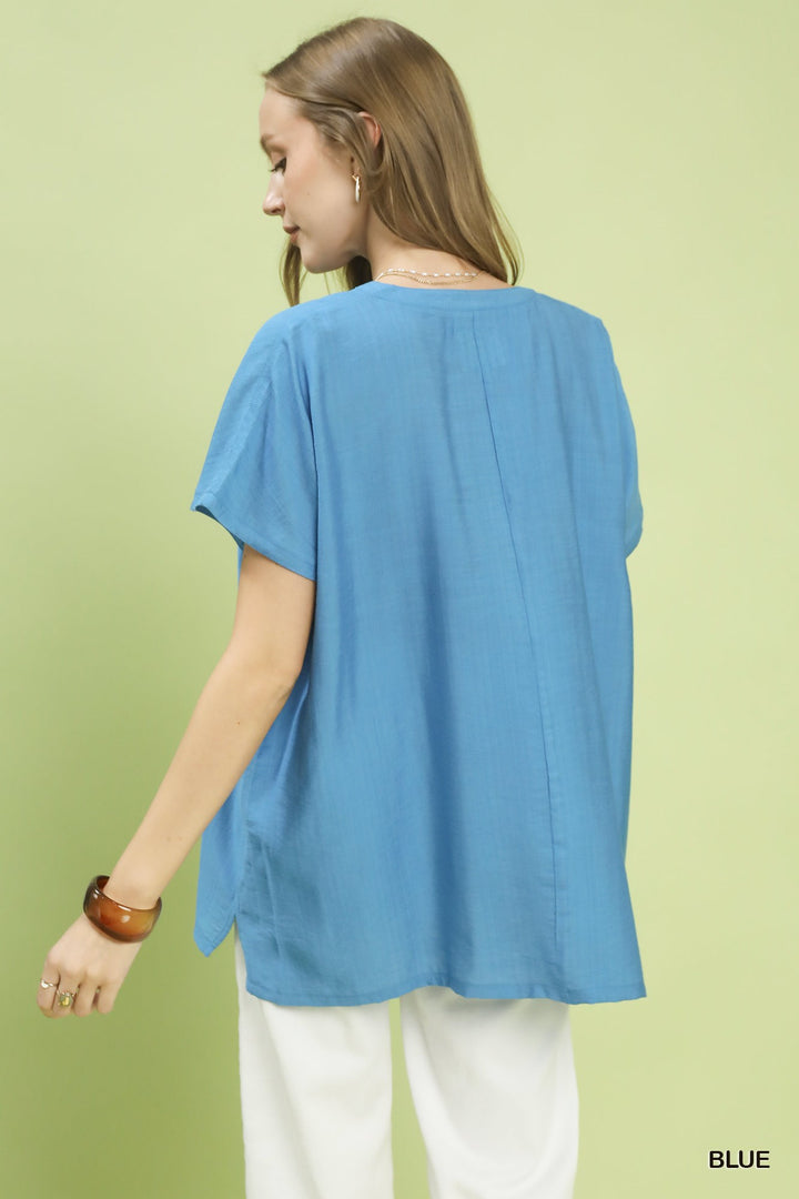 Blue Umgee Flowy V Neck Short Sleeve Blouse