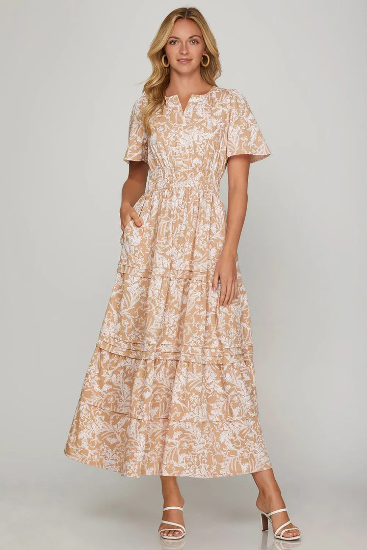 Apricot She Sky Printed Notched Woven Tiered Pintuck Maxi Dress With Side Pockets