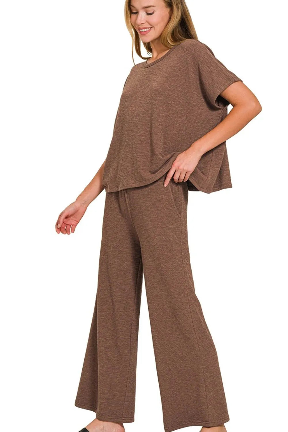 Brown Zenana Cotton Slub Top Pants Set 1