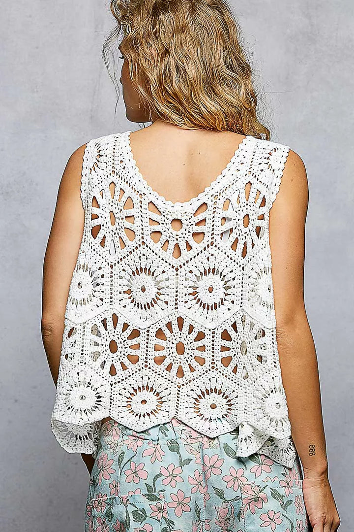 Pol Boho Floral Crochet Sweater Vest With Scalloped Edge