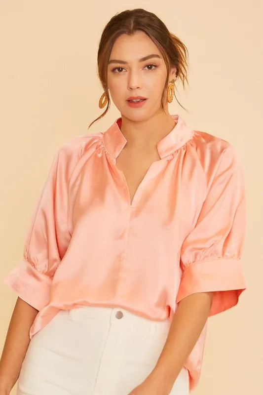Peach Annie Wear Satin V Neck Open Short Sleeve Woven Blouse Top