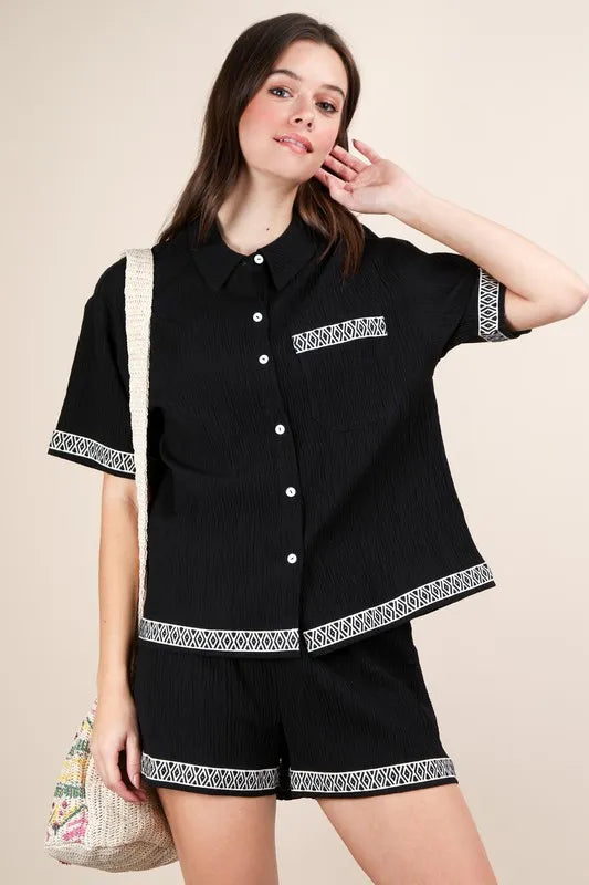 Black Very J Crinkled Woven Shirt Top Shorts Set