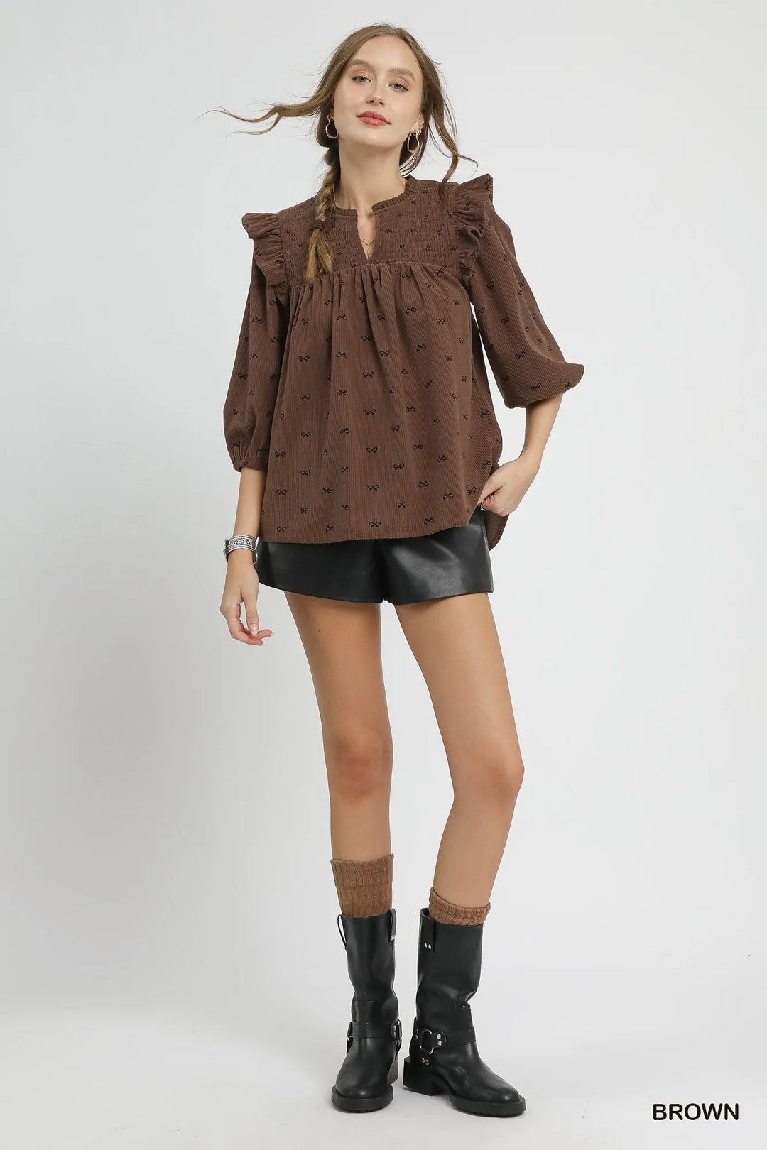 Umgee Bow Print Corduroy Puff Sleeve Blouse With Ruffled 1