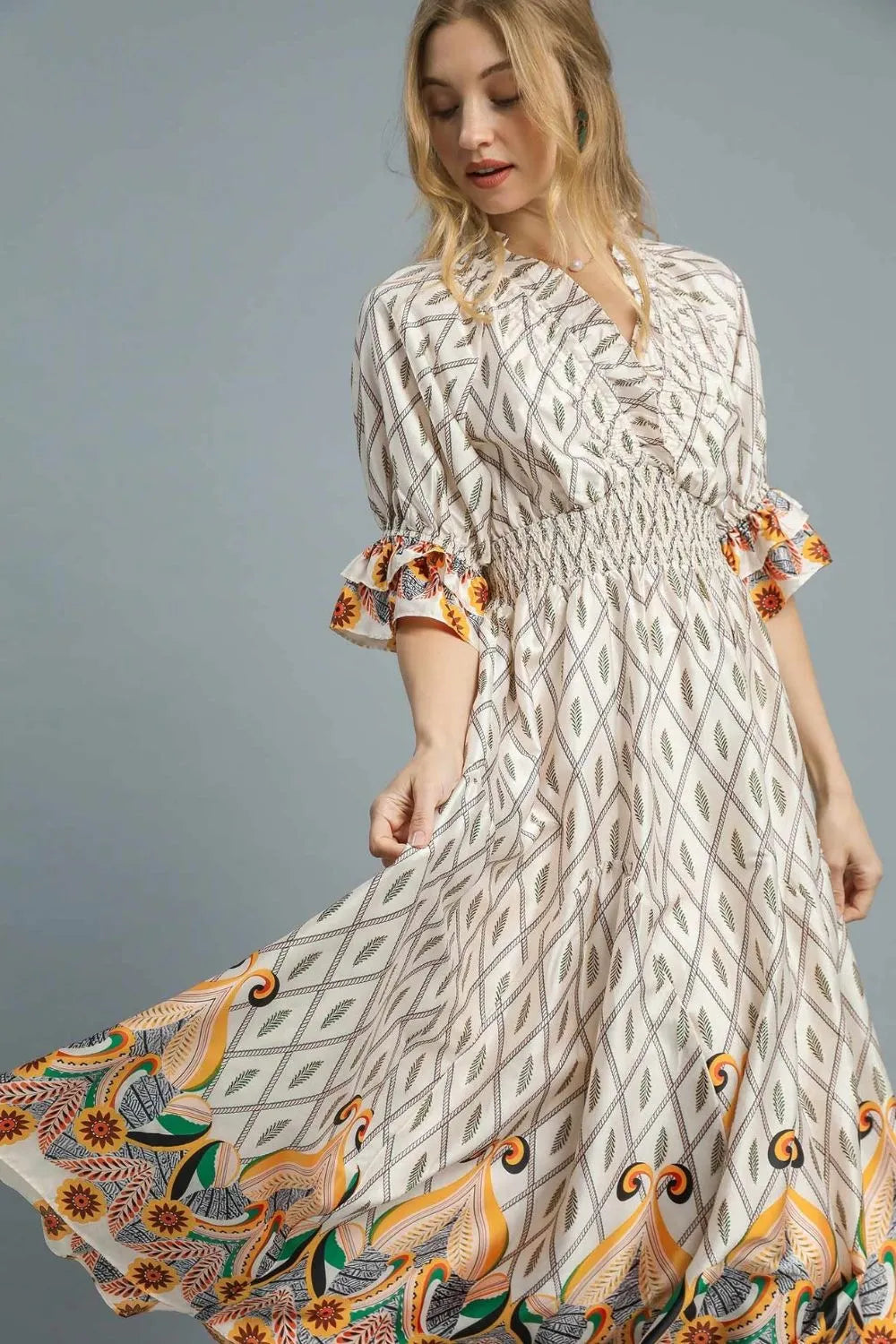 Ivory Umgee Printed Smocked Waist Flounce Sleeve Midi Dress